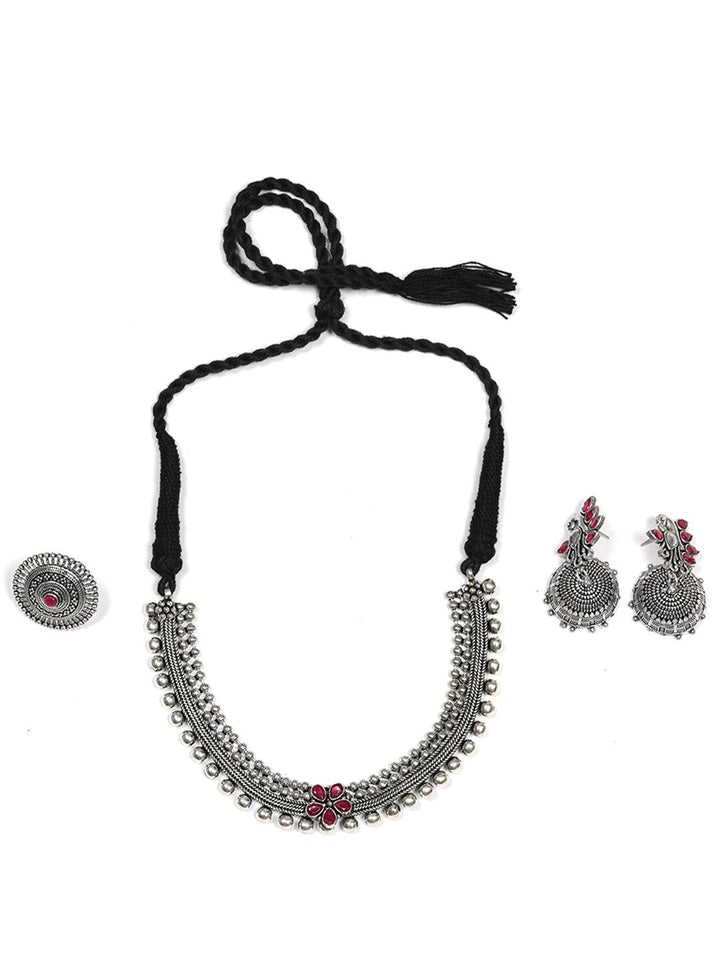 Ruby German Silver Oxidised Peacock Jewellery Set & Ring