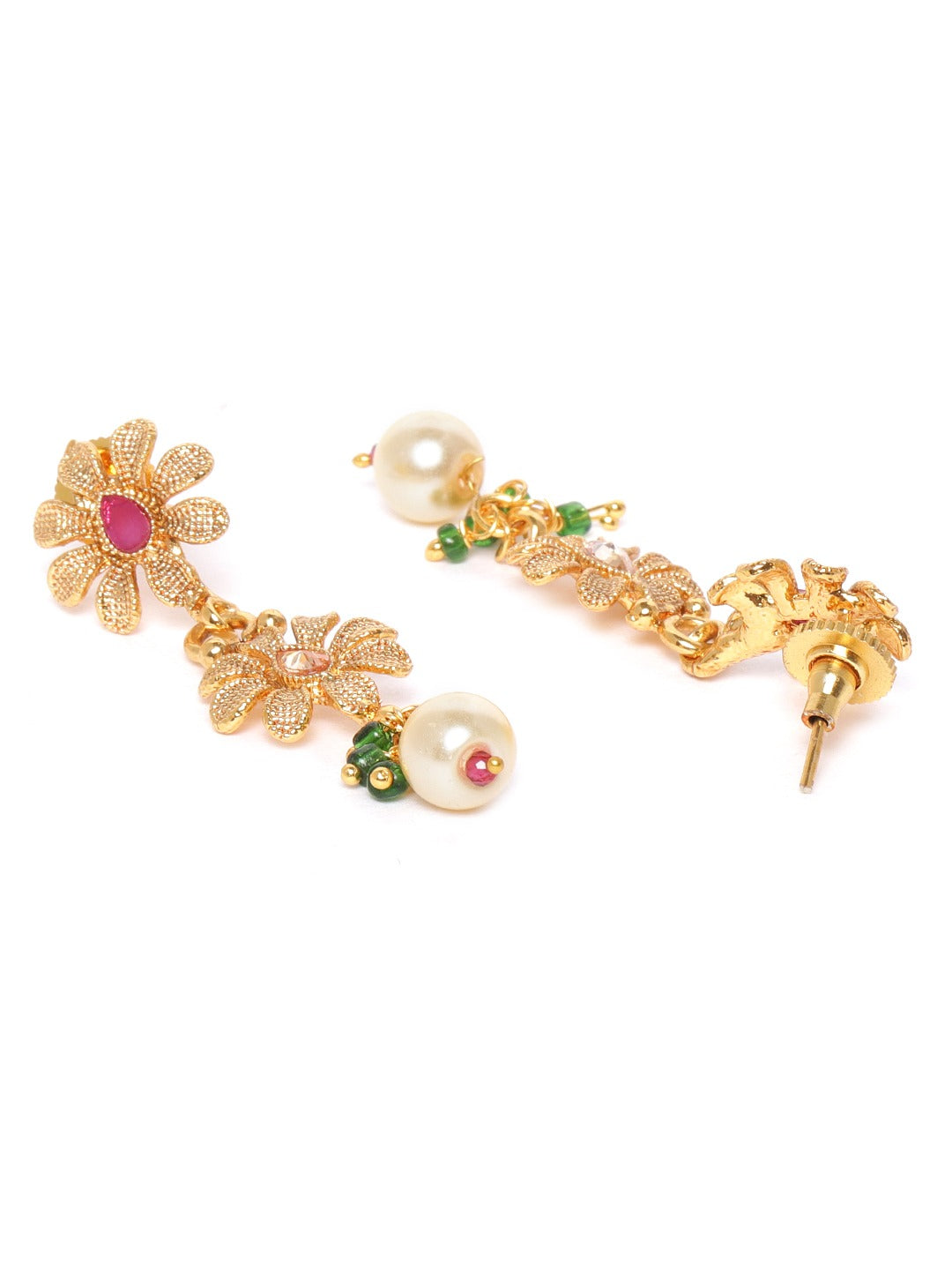 Ruby Emerald Stones Pearls Gold Plated Floral Jewellery Set