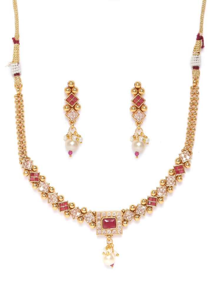 Ruby Stones Pearls Beads Gold Plated Jewellery Set