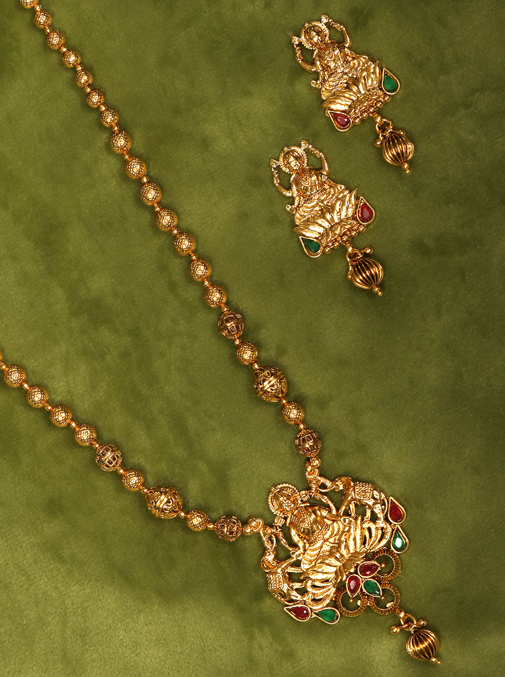 Ruby Emerald Beads Gold Plated Temple Jewellery Set