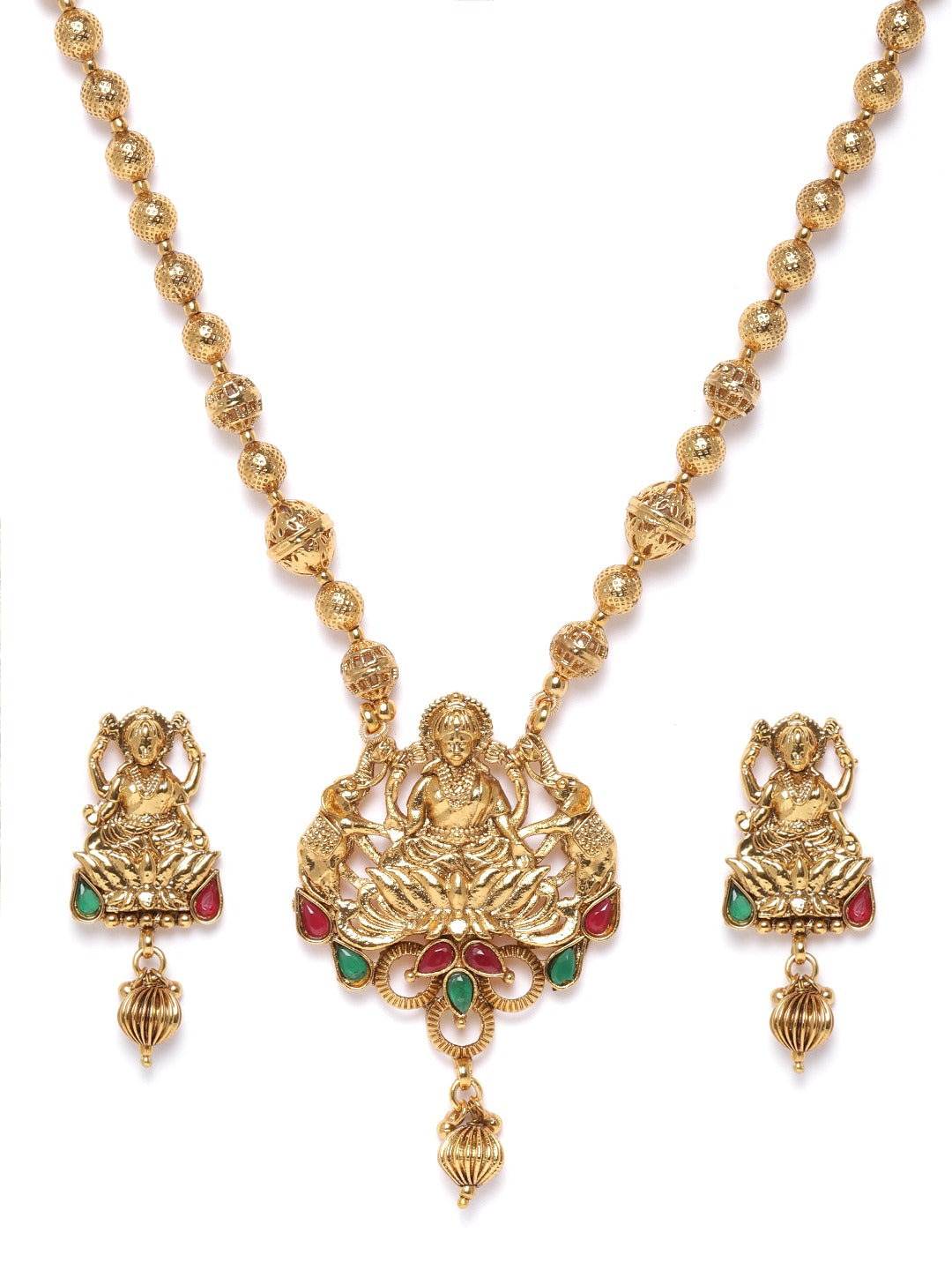 Ruby Emerald Beads Gold Plated Temple Jewellery Set