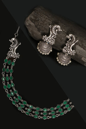 Emerald Beads German Silver Oxidised Peacock Jewellery Set