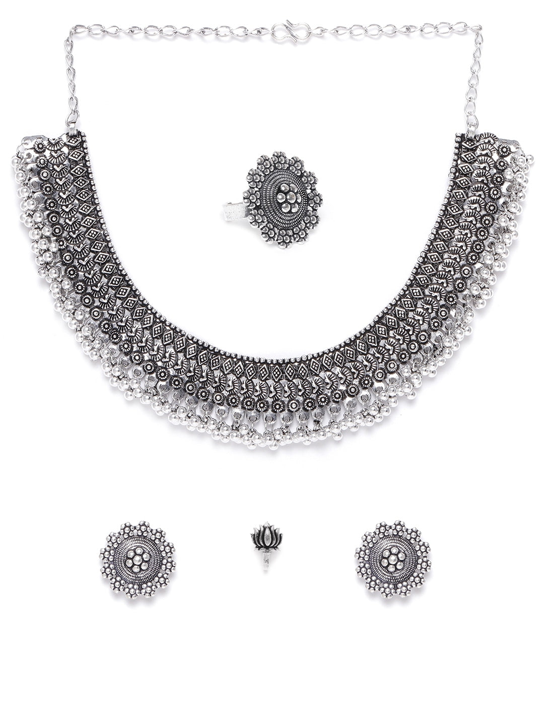 German Silver Oxidised Ghungroo Jewellery Set With Ring & Nosepin