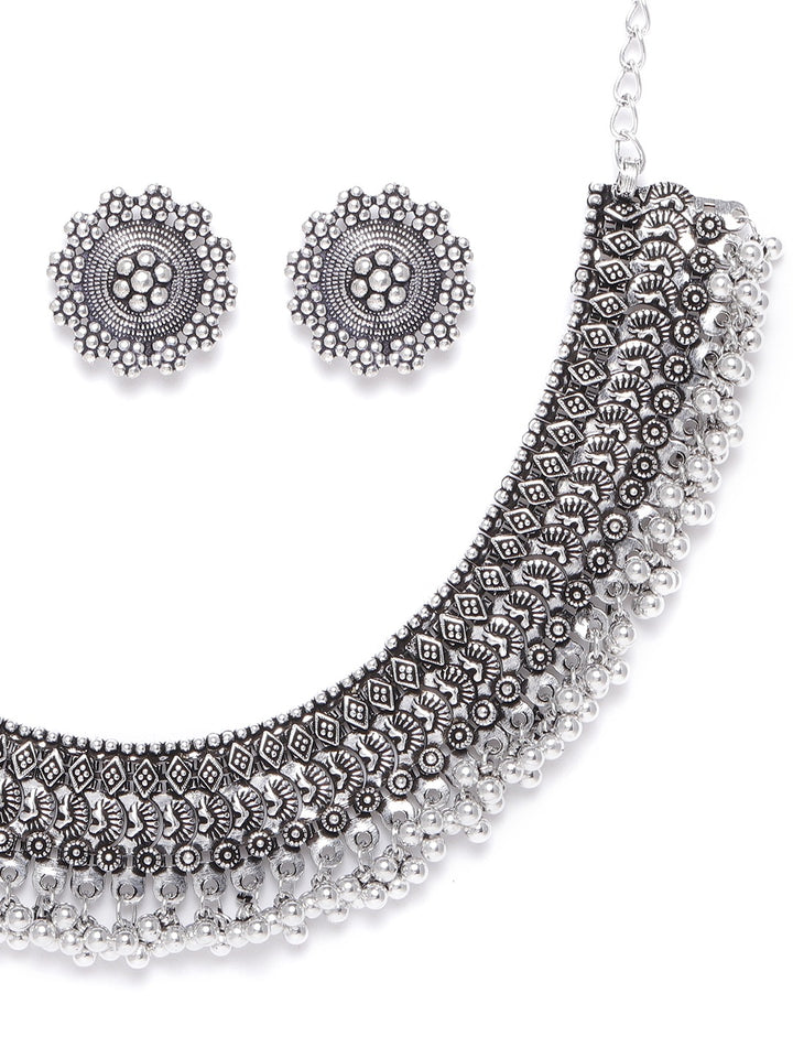 German Silver Oxidised Ghungroo Jewellery Set With Ring & Nosepin