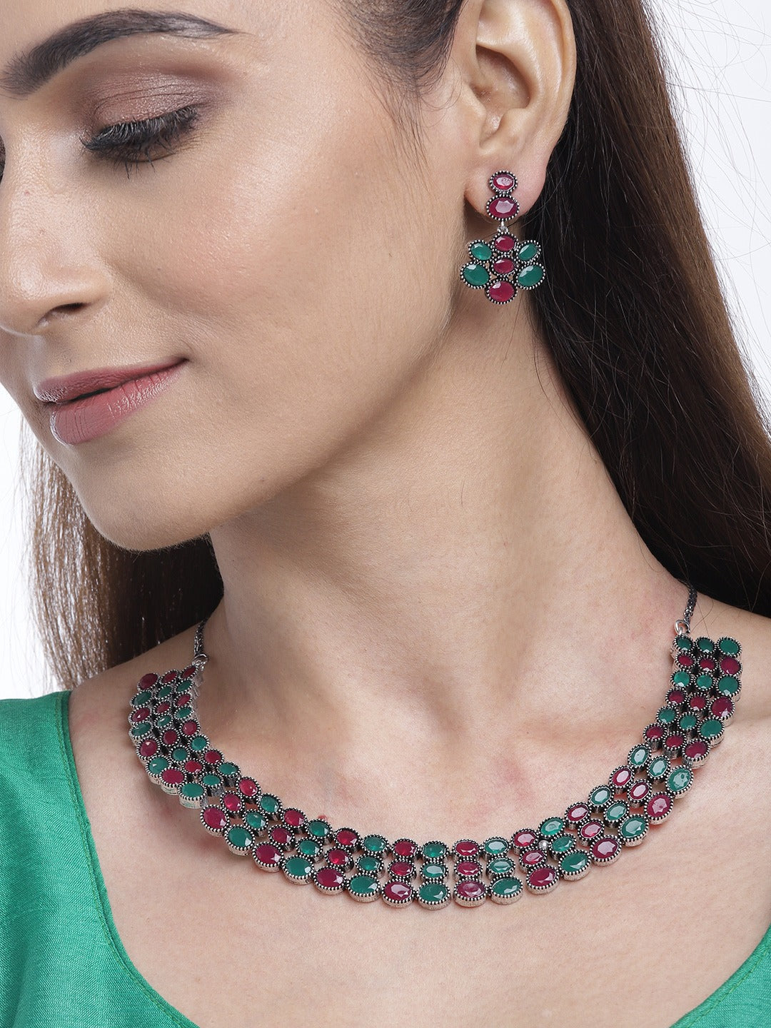 Ruby Emerald German Silver Jewellery Set