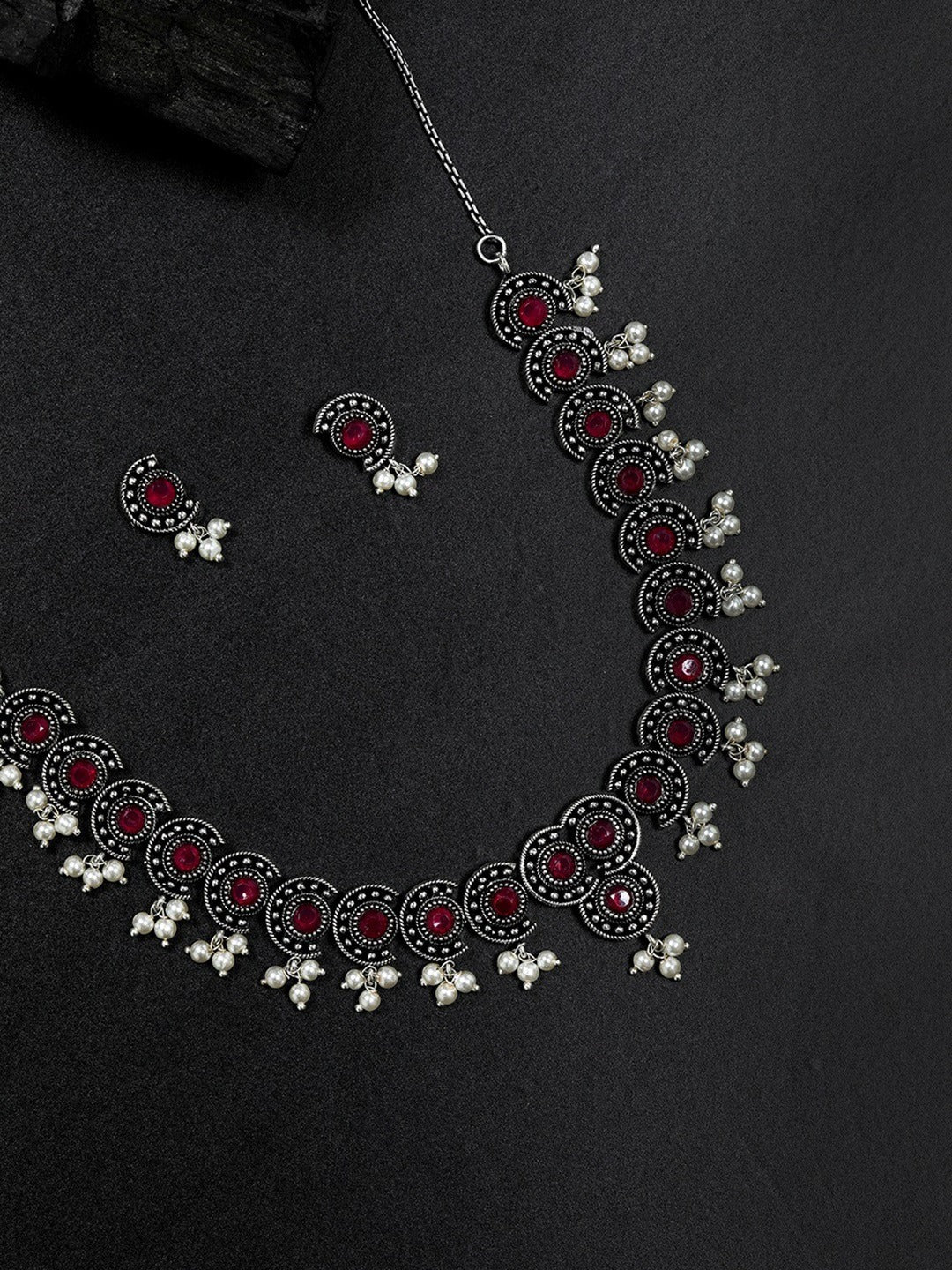 Ruby Beads German Silver Oxidised Jewellery Set