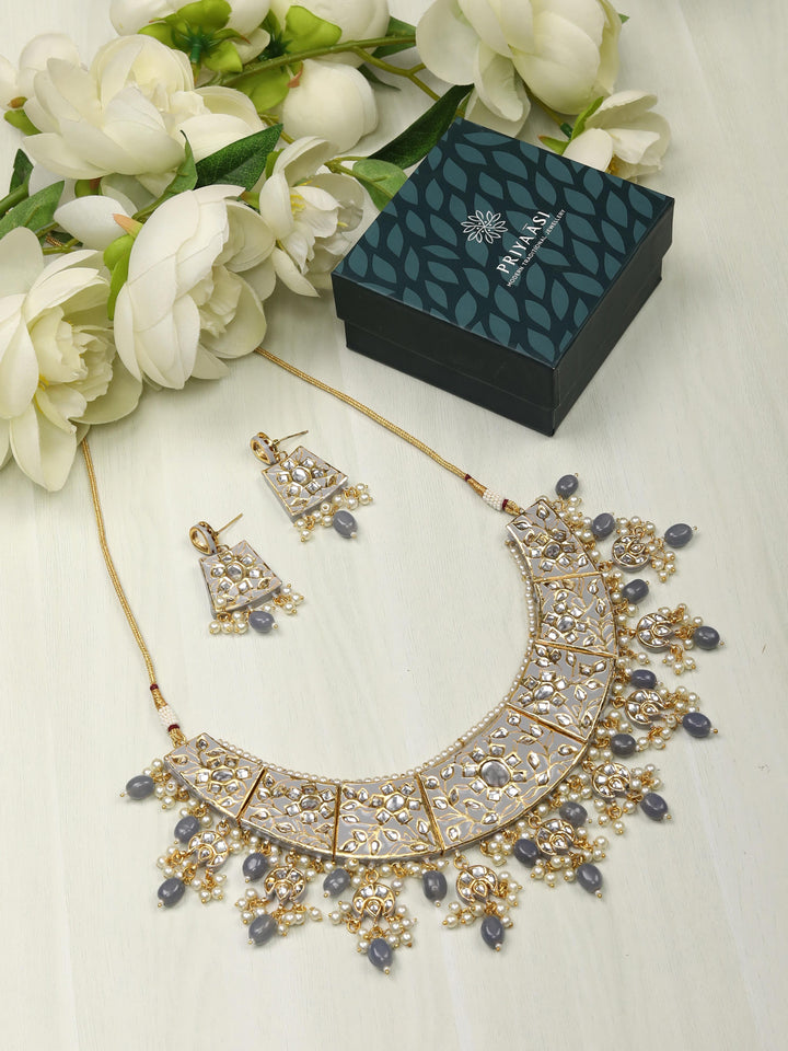 Grey Pearls Beads Kundan Gold Plated Jewellery Sets