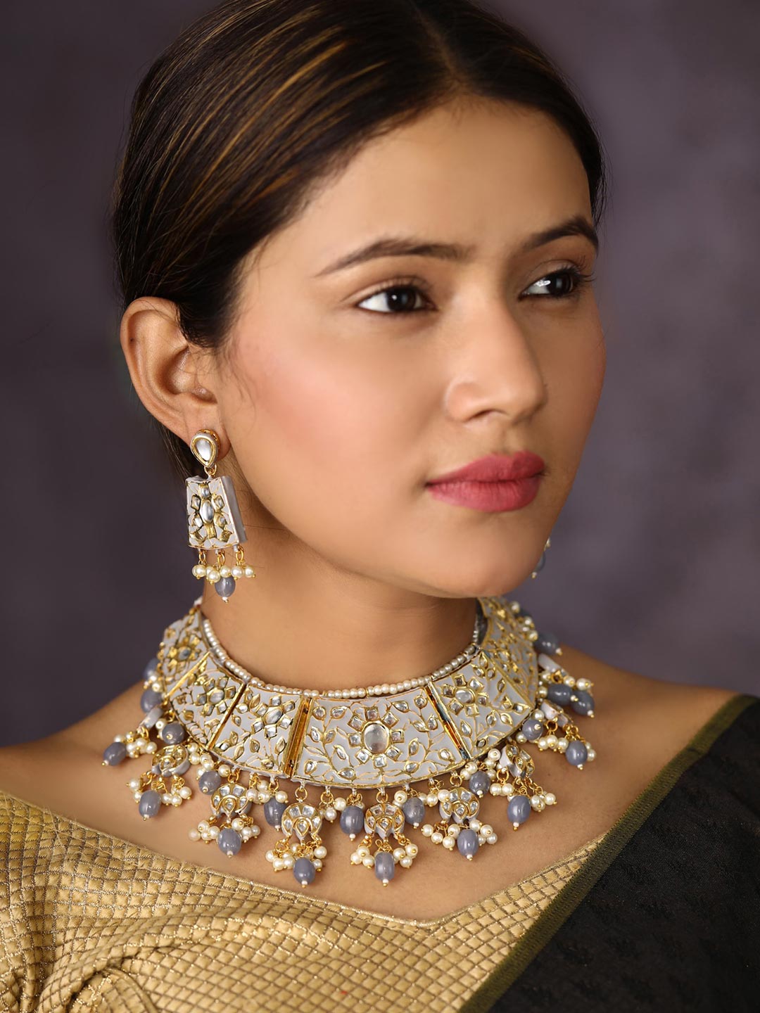 Grey Pearls Beads Kundan Gold Plated Jewellery Sets