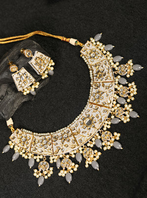 Grey Pearls Beads Kundan Gold Plated Jewellery Sets