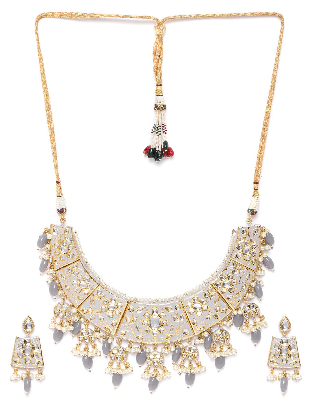 Grey Pearls Beads Kundan Gold Plated Jewellery Sets