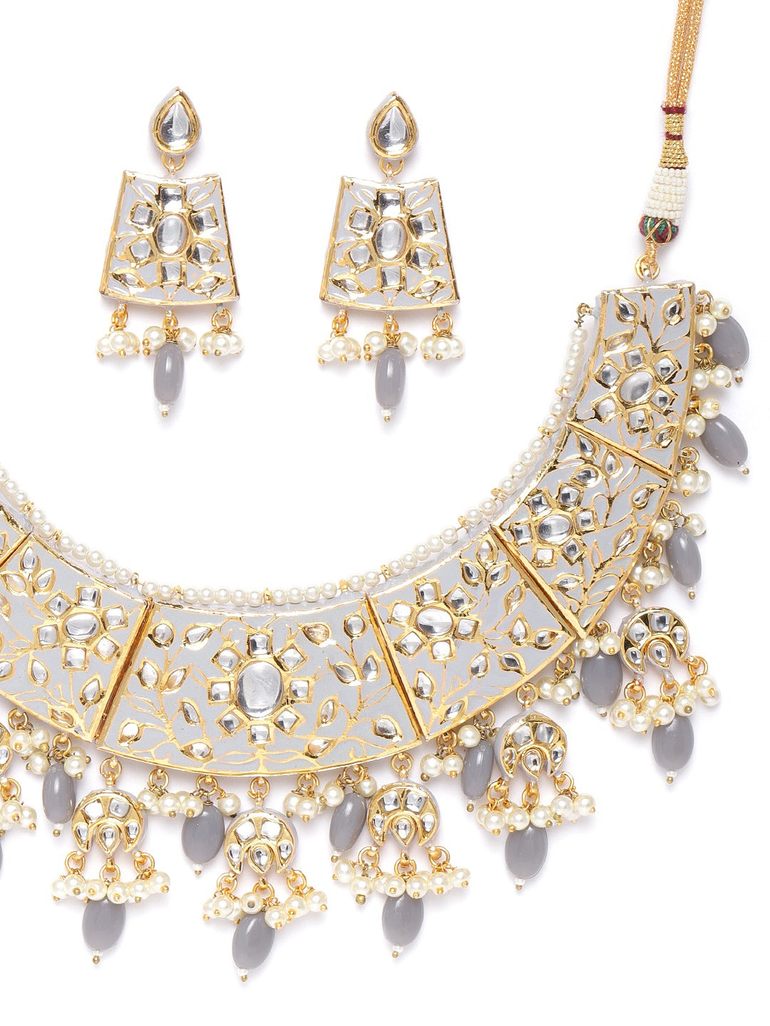 Grey Pearls Beads Kundan Gold Plated Jewellery Sets