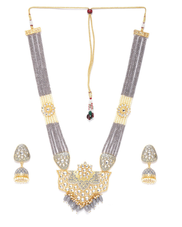 Grey Pearls Beads Kundan Gold Plated Ranihaar Jewellery Set