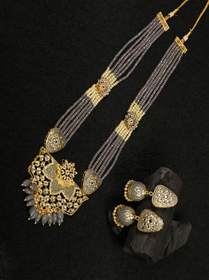 Grey Pearls Beads Kundan Gold Plated Ranihaar Jewellery Set