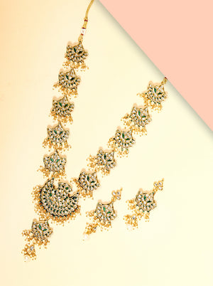 Green Beads Kundan Gold Plated Jewellery Set