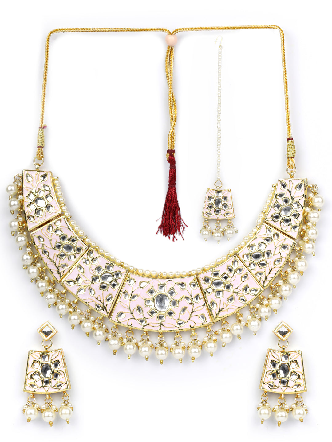 Pink White Peals Beads MaangTika Jewellery Set