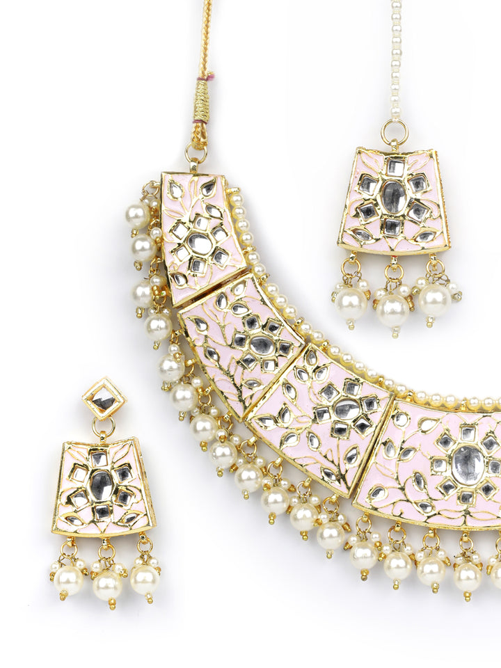 Pink White Peals Beads MaangTika Jewellery Set