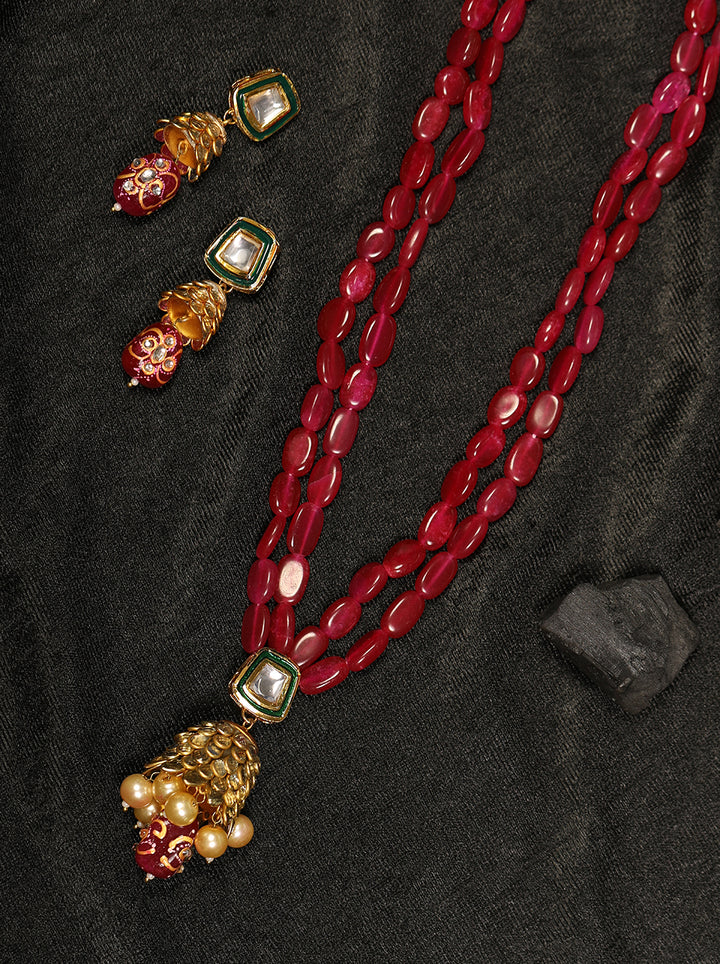 Red Pearls Beads Gold Plated Jewellery Set