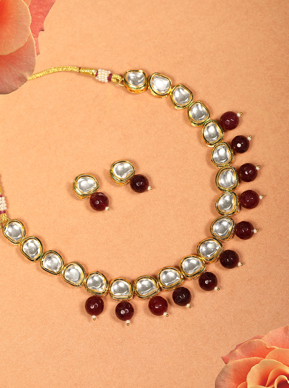 Maroon Pearls Kundan Gold Plated Jewellery Set