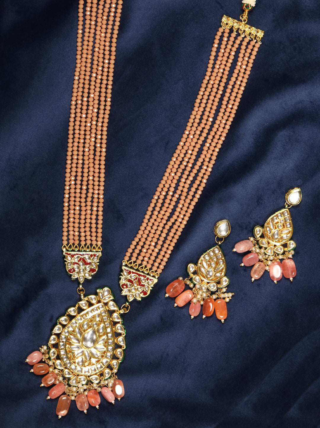 Peach Beads Kundan Stones Ranihar Jewellery Set