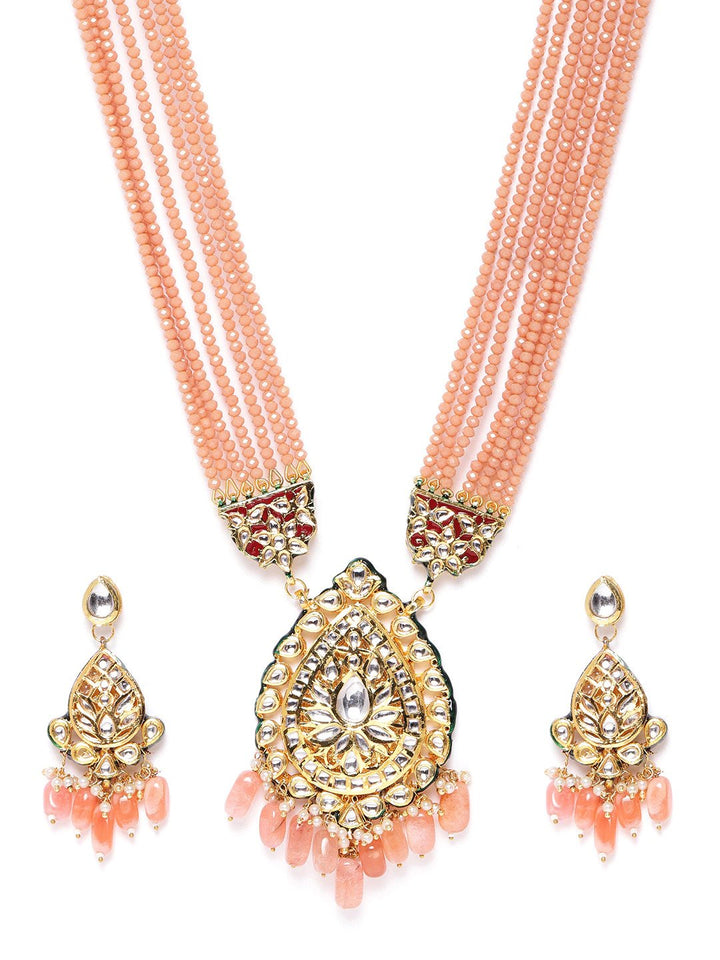 Peach Beads Kundan Stones Ranihar Jewellery Set