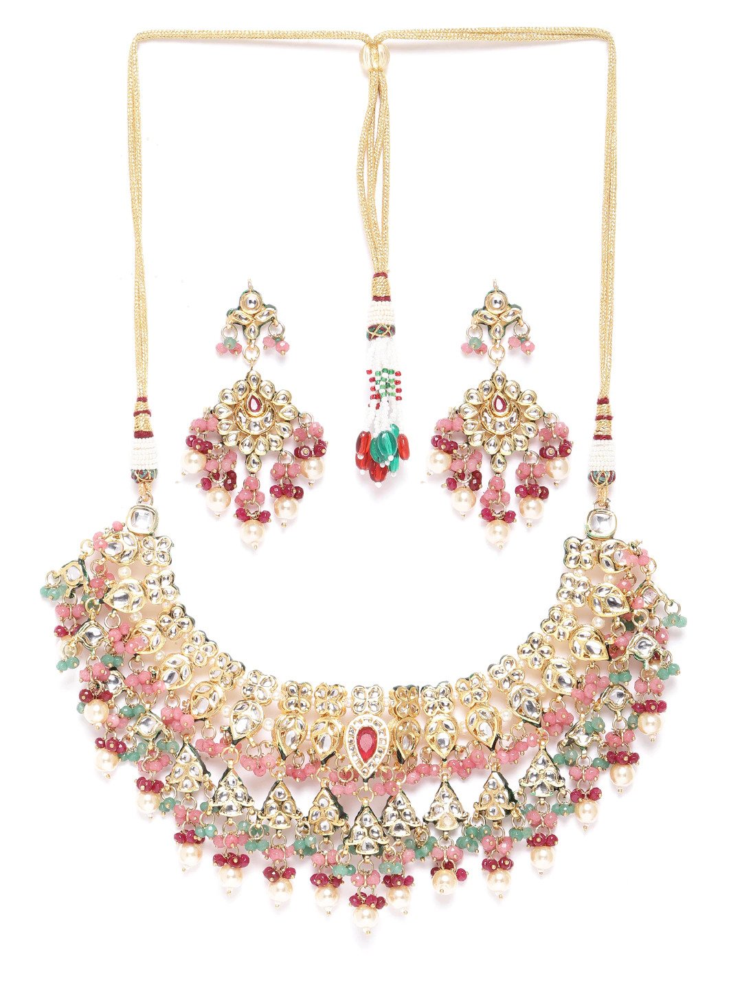 Multicolor Stones Kundan Beads Pearls Gold Plated Jewellery Set