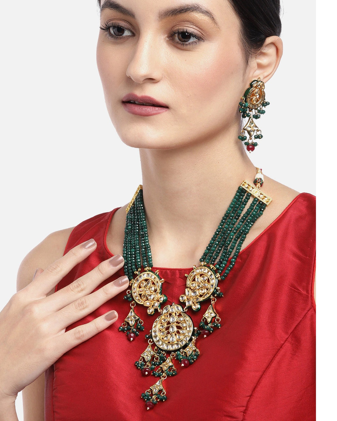 Green & Red Beads Kundan Gold Plated Jewellery Set