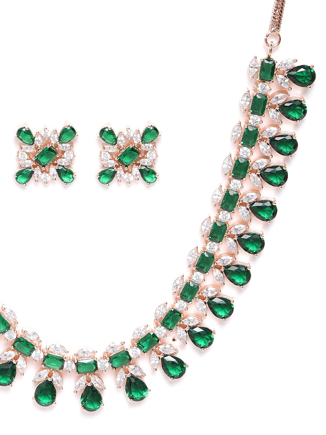 Emerald American Diamond Rose Gold Plated Floral Jewellery Set