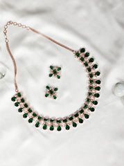 Emerald American Diamond Rose Gold Plated Floral Jewellery Set