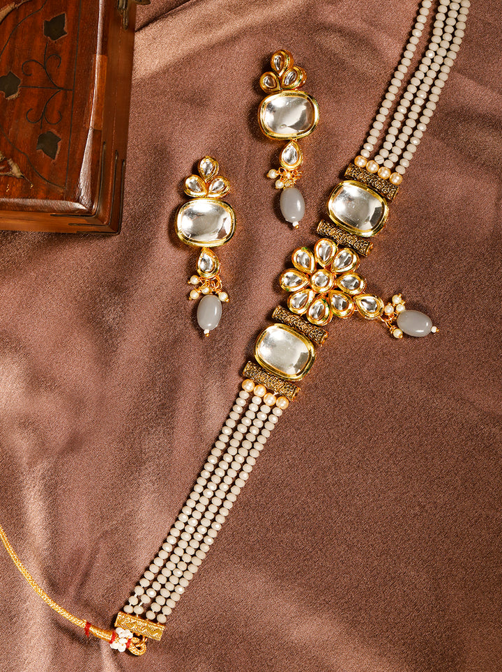 Grey Beads Kundan Stones Gold Plated Floral Choker