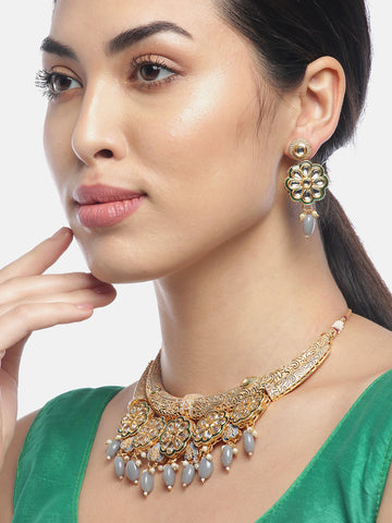 Grey Pearls Kundan Gold Plated Meenakari Jewellery Set