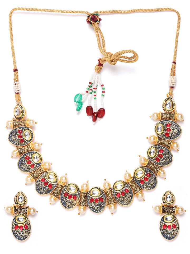 Blue Kundan Pearls Meenakari Jewellery Set