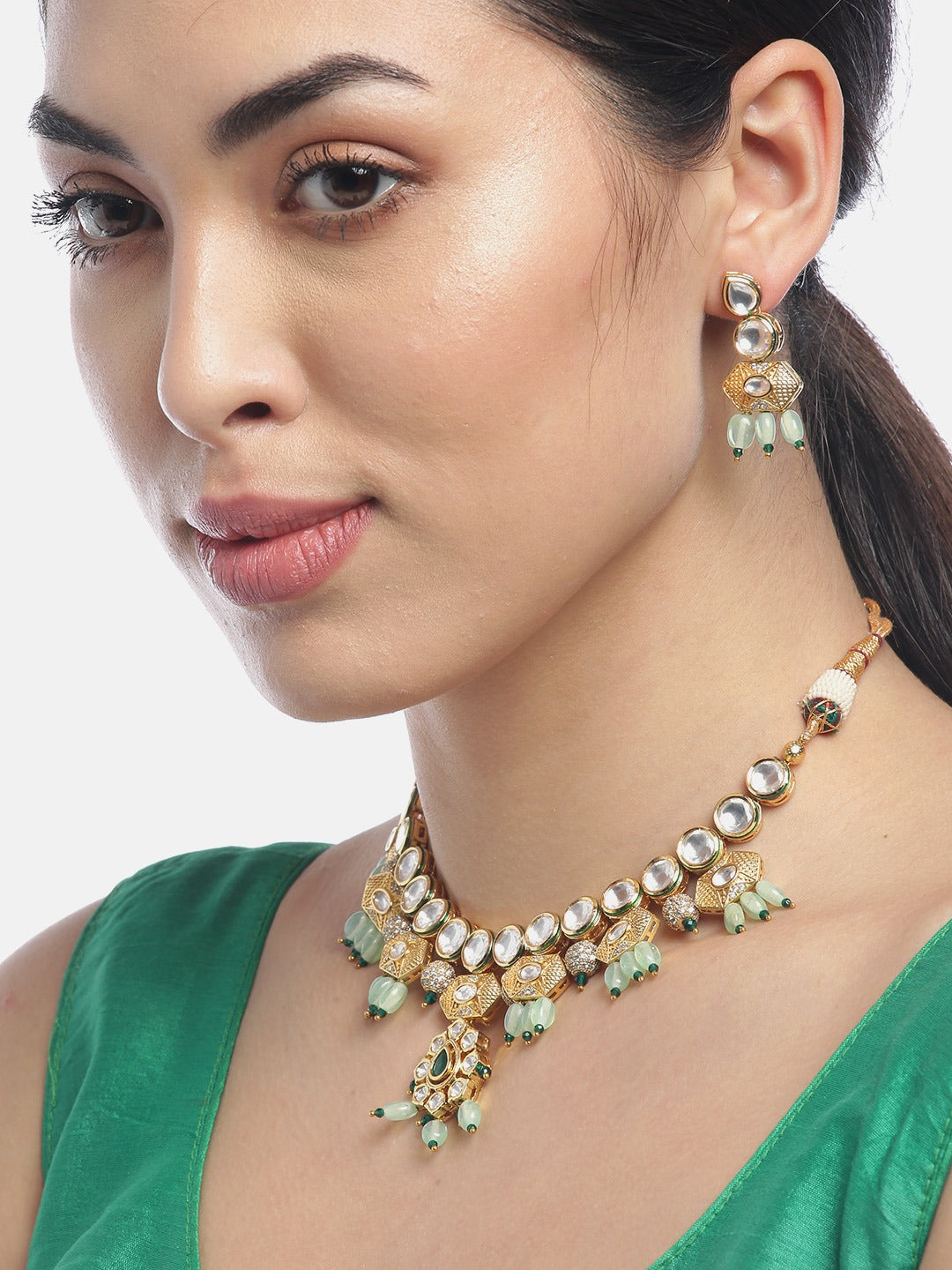 Mint Green Pearls Kundan Gold Plated Jewellery Set