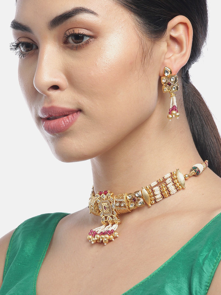 Red White Beads Kundan Gold Plated Jewellery Set