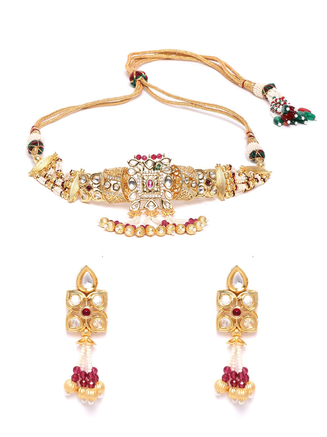 Red White Beads Kundan Gold Plated Jewellery Set