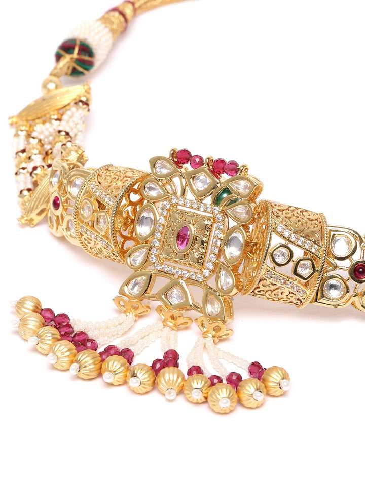 Red White Beads Kundan Gold Plated Jewellery Set