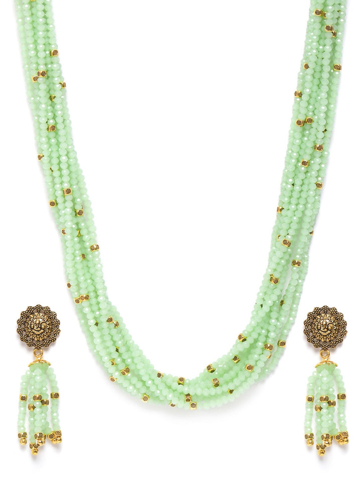 Green Beads Gold Plated Ranihaar Jewellery Set