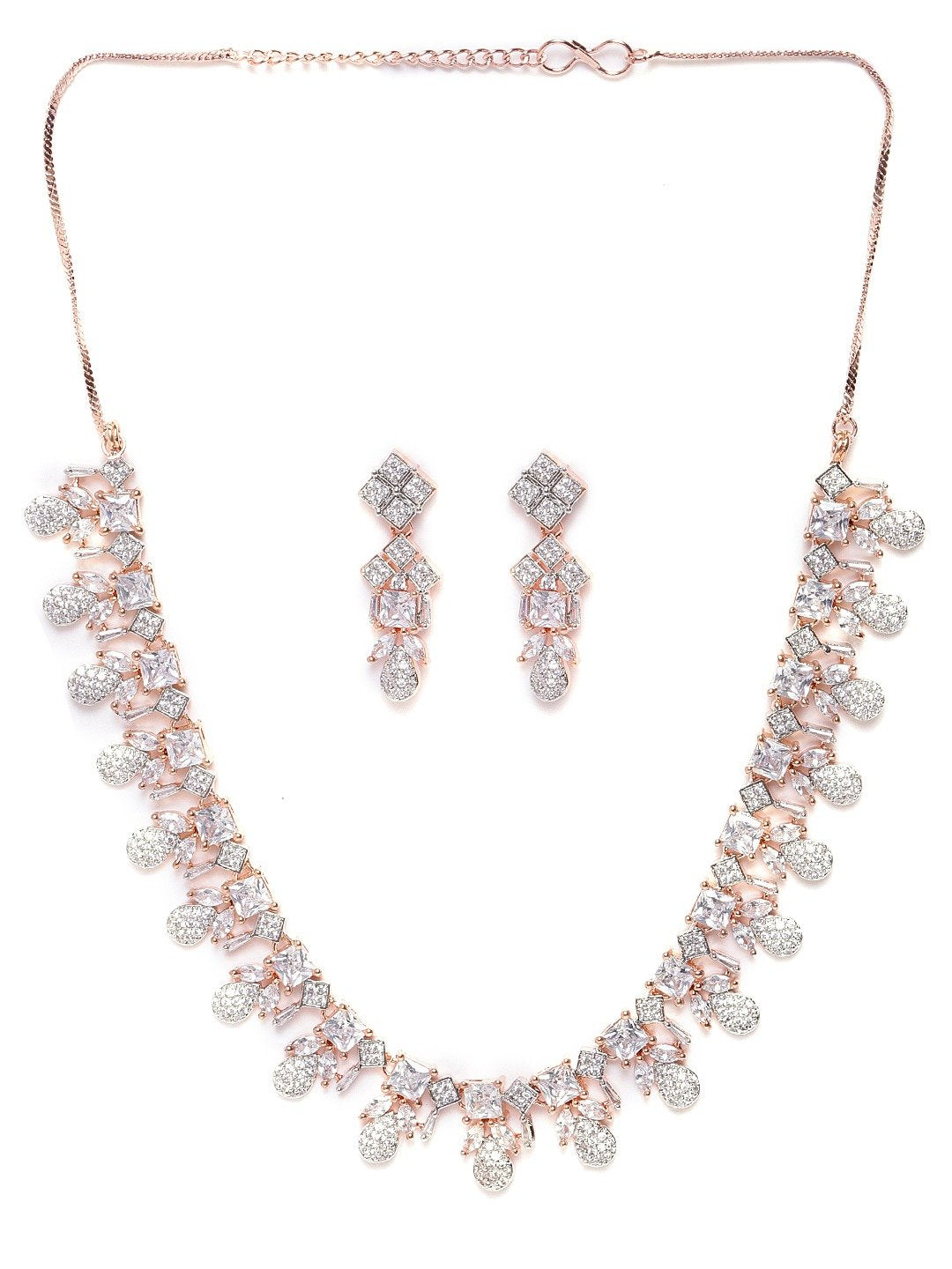 American Diamond Rose Gold Plated Leaf Jewellery Set