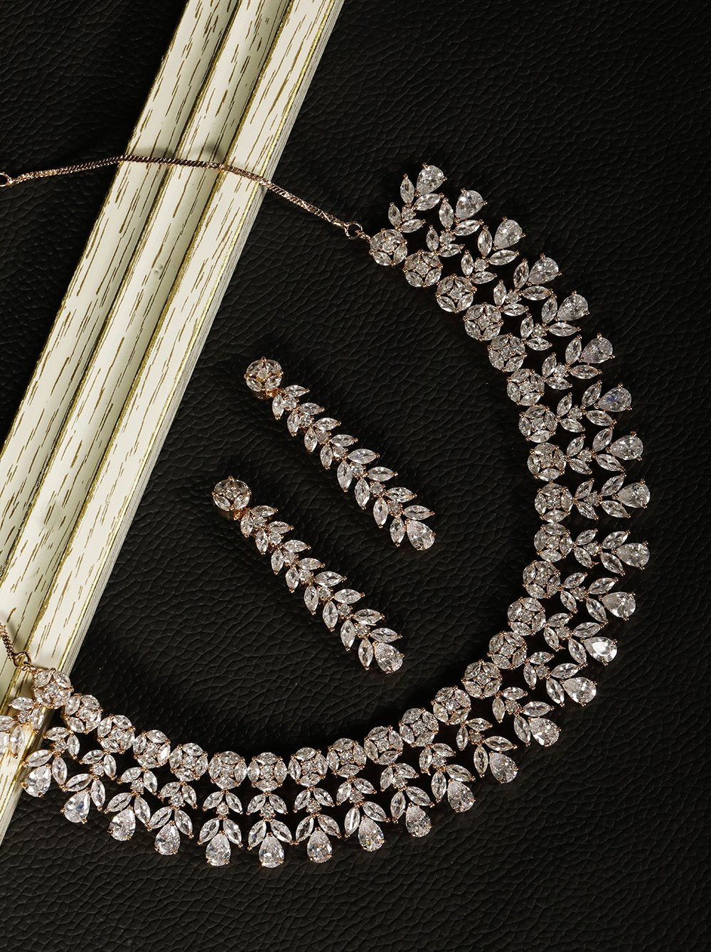 Leaf Elegance - American Diamond Rose Gold Plated Jewellery Set
