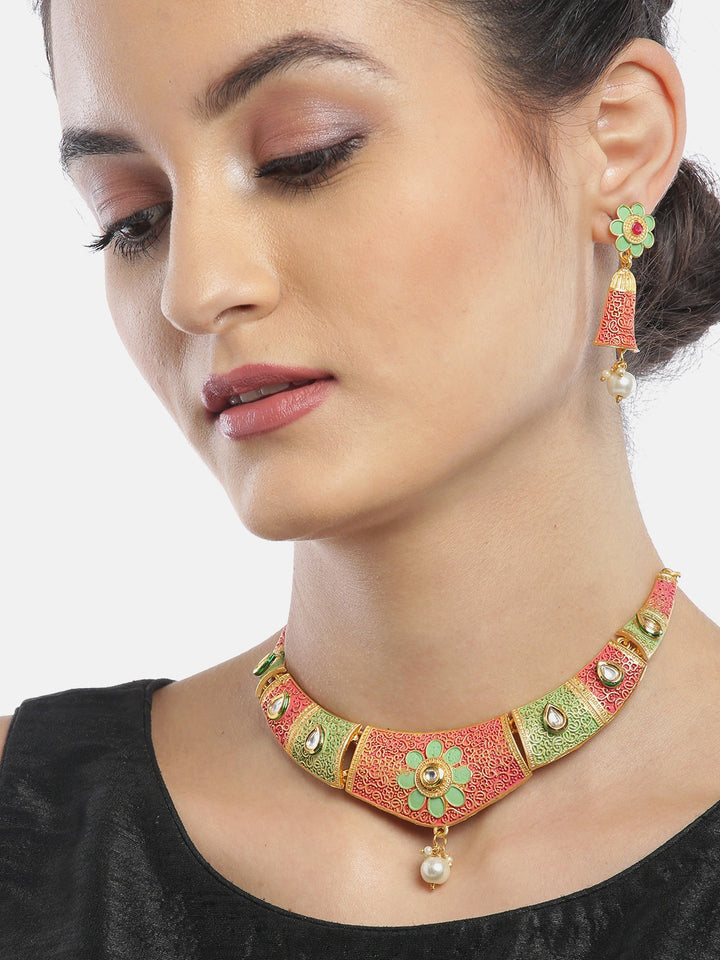 Green Red Kundan Pearls Gold Plated Meenakari Jewellery Set