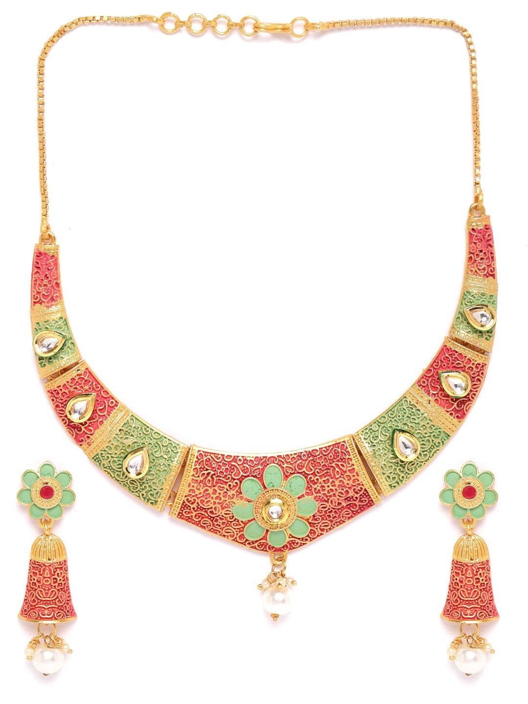 Green Red Kundan Pearls Gold Plated Meenakari Jewellery Set
