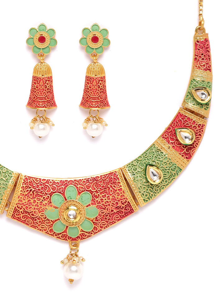 Green Red Kundan Pearls Gold Plated Meenakari Jewellery Set