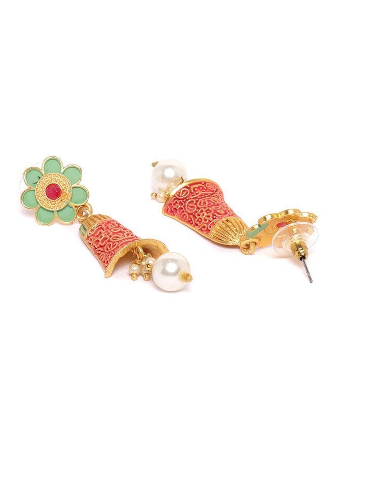 Green Red Kundan Pearls Gold Plated Meenakari Jewellery Set