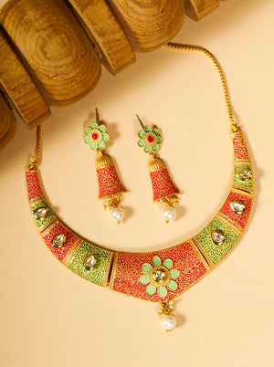 Green Red Kundan Pearls Gold Plated Meenakari Jewellery Set