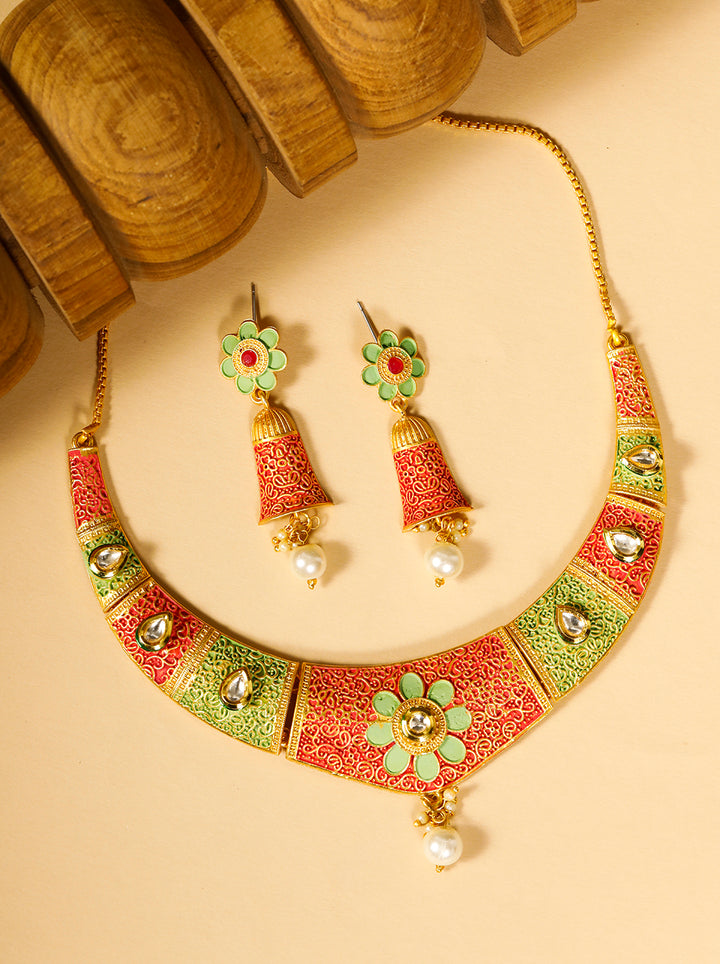 Green Red Kundan Pearls Gold Plated Meenakari Jewellery Set