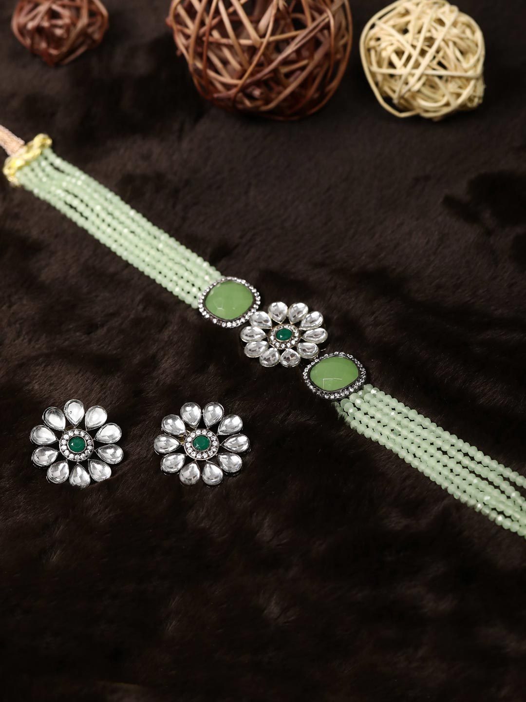 Mint Green Beads Kundan Stones Floral Choker