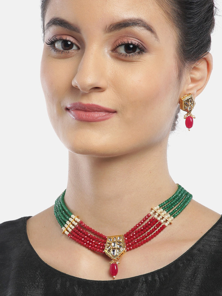 Multi-Color Kundan Beads Gold Plated Jewellery Set