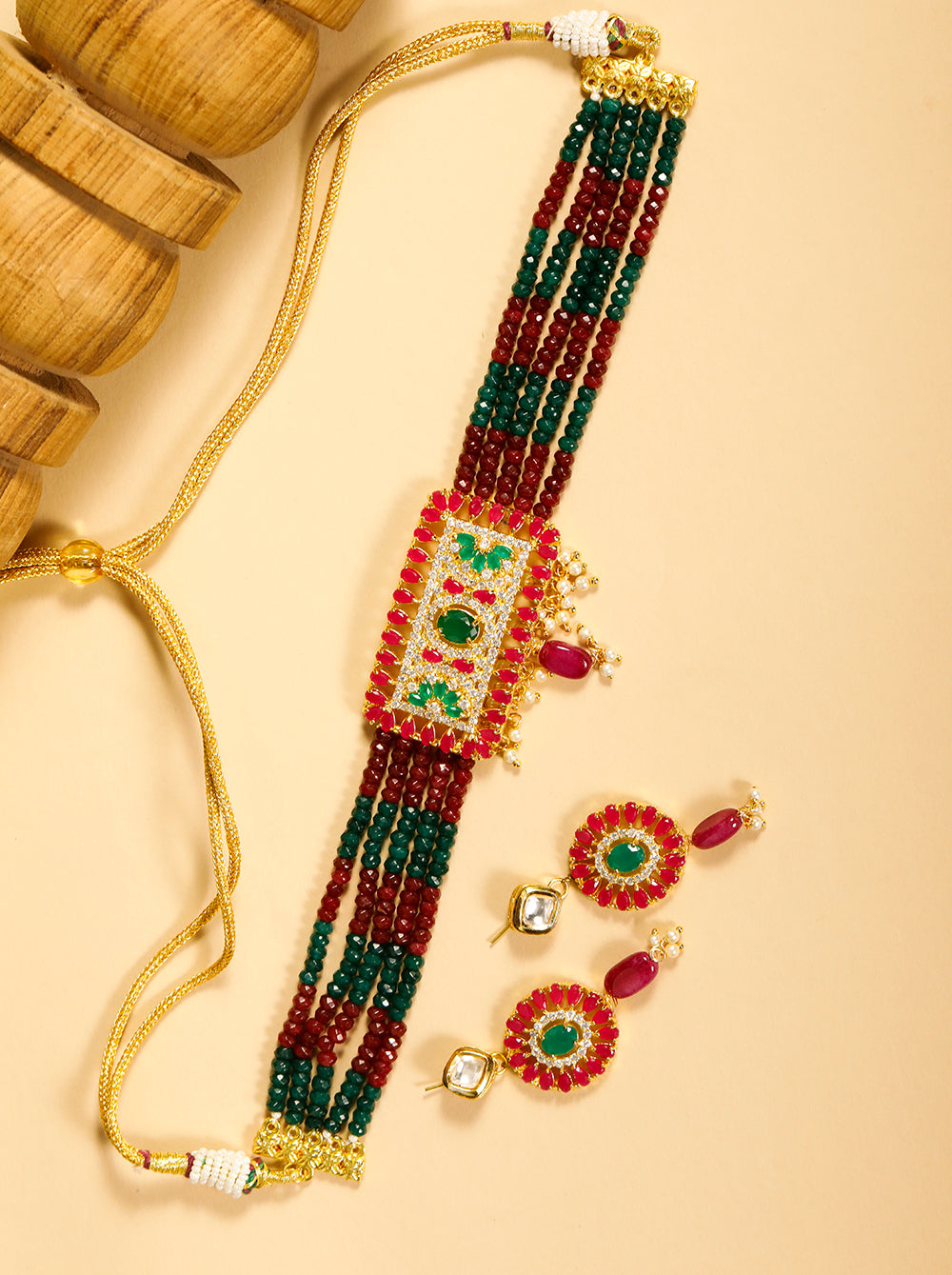 Red Green Beads Gold Plated Choker