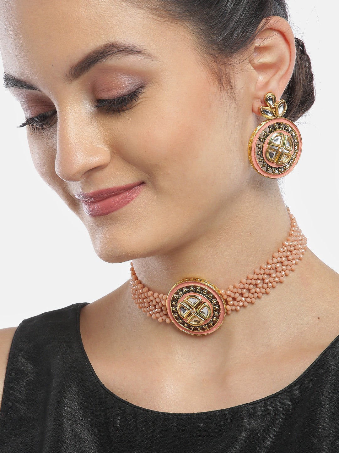 Peach Beaded Kundan Choker