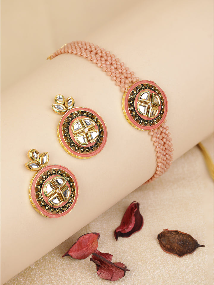 Peach Beaded Kundan Choker