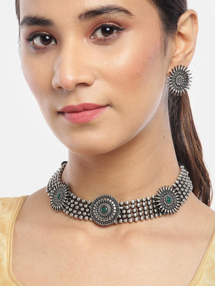 Emerald German Silver Oxidised Choker